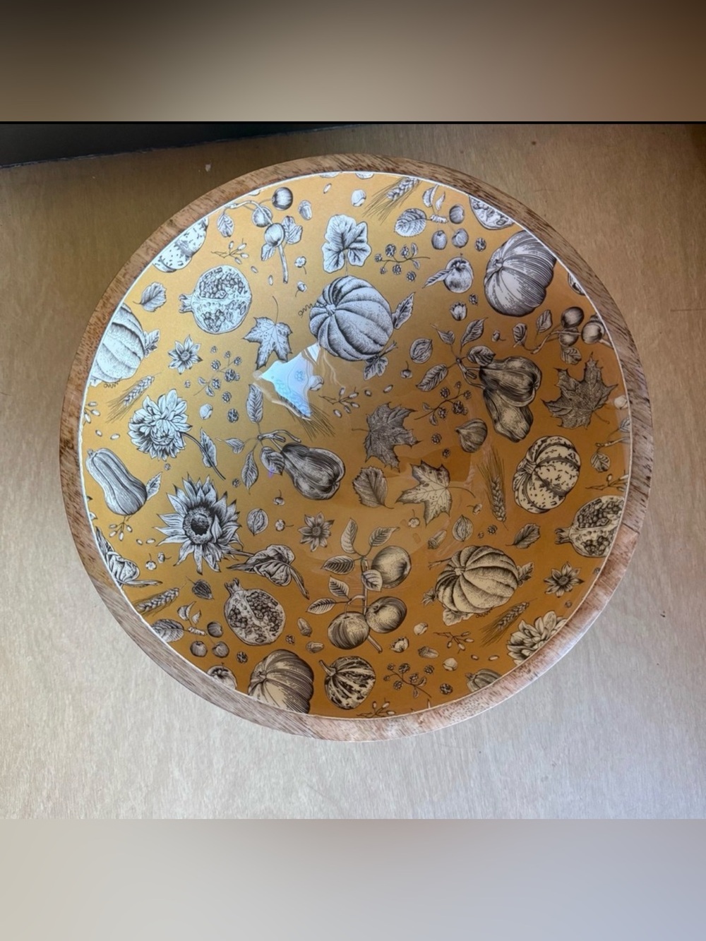 Two's Company Mango Wood Serving Bowl Large Mustard Yellow Fall Harvest Excellen